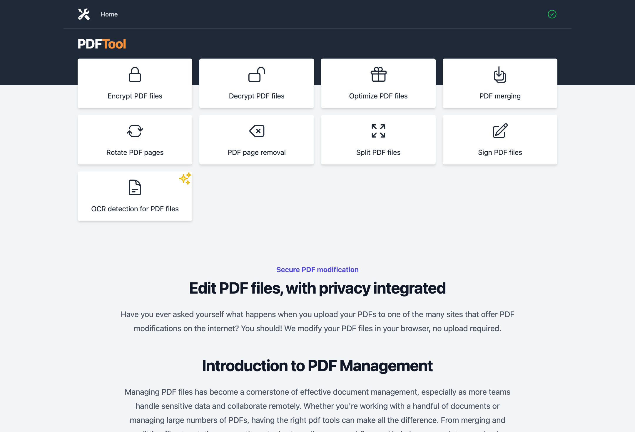 Screenshot der pdftool.org Startseite mit Werkzeugkarten und Privacy-Botschaft.