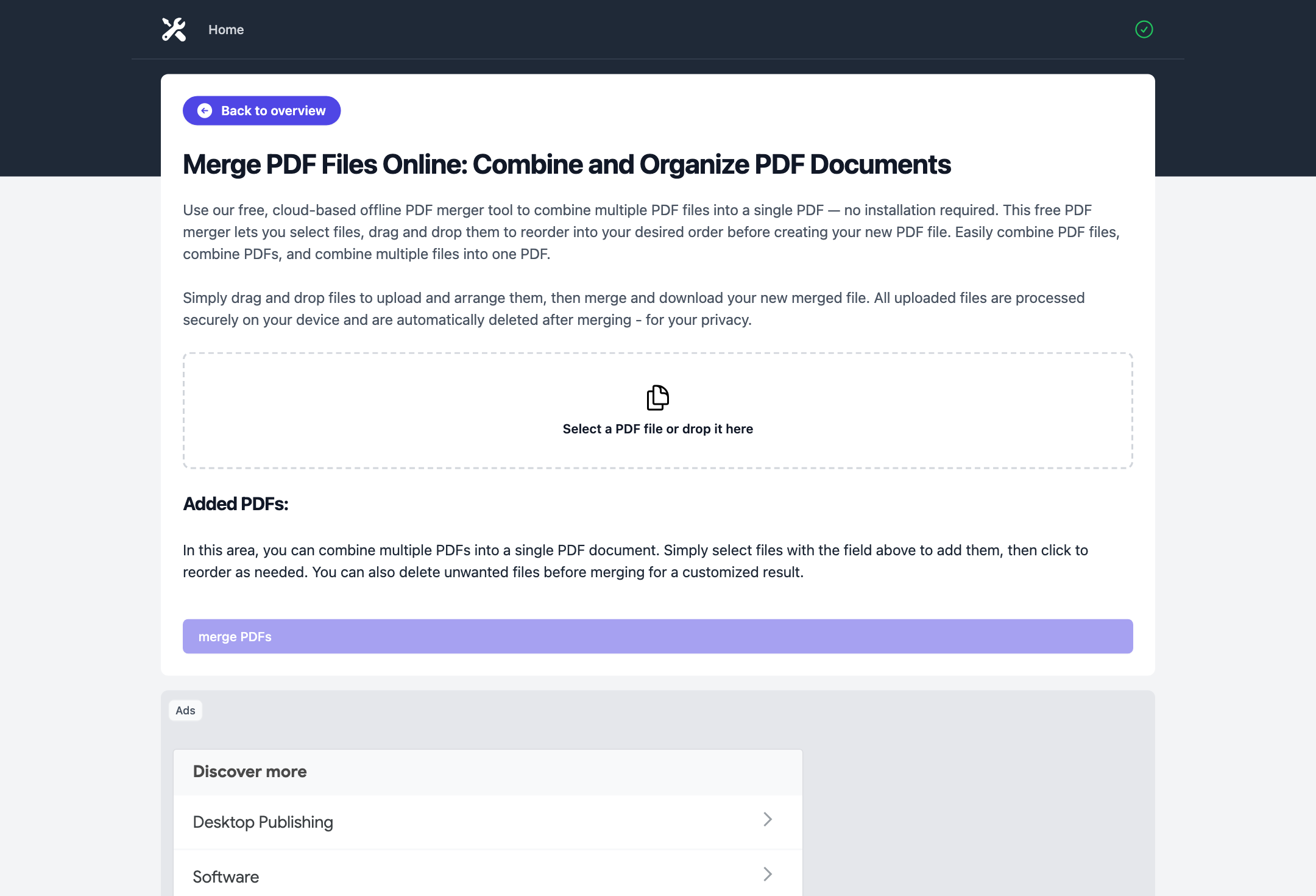 Screenshot des Merge-PDF-Werkzeugs von pdftool.org.